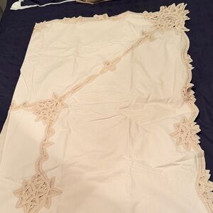 Elegant Battenberg Lace Trimmed Taupe Tablecloth
